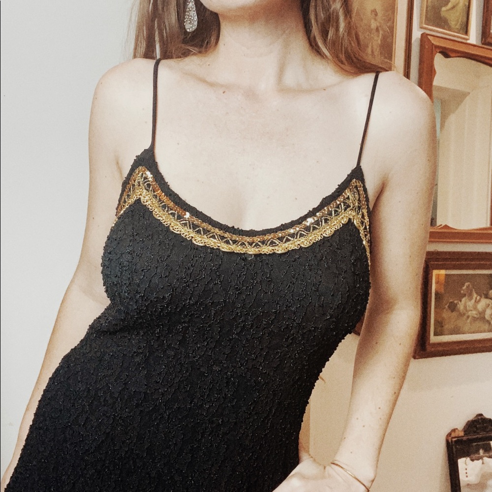 80s/90s Vintage Black NYE Dress w Gold- 6/8